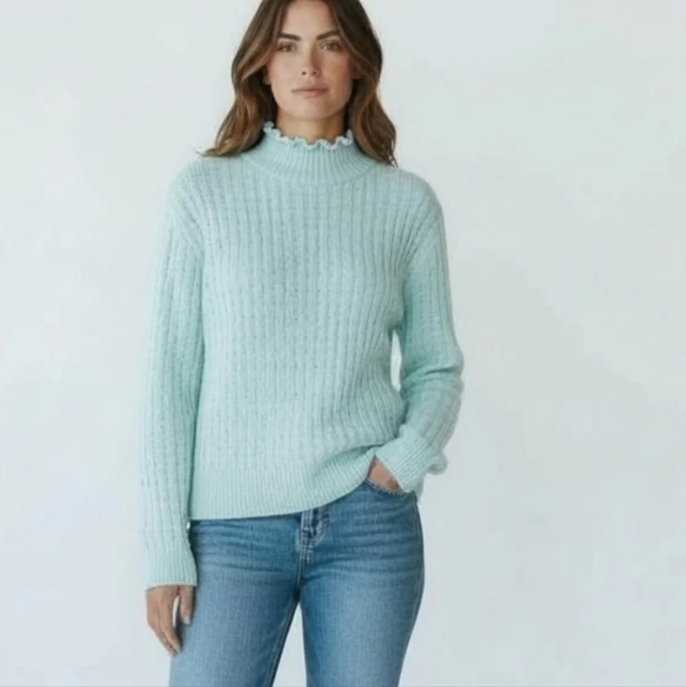 J Crew Mint Green Women's Pointelle Ruffle Neck Sweater Sz Small New Grandma